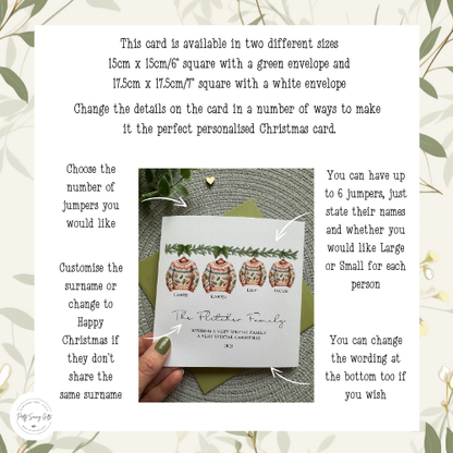 Personalised Family Christmas Card: Green Christmas Jumper Design, Custom Names and Family Name