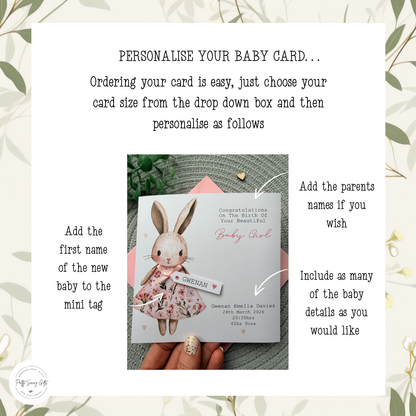 Personalised New Baby Girl Card, Floral Bunny Handmade Card with Custom Name Tag