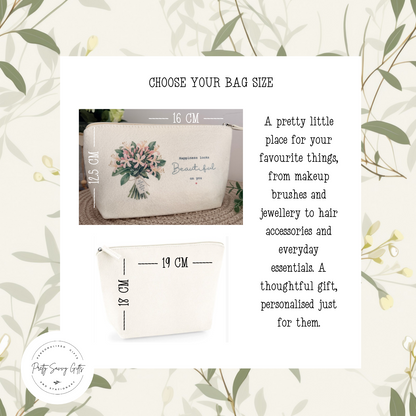 Personalised cream felt makeup bag size guide showing the small and medium bag dimensions.