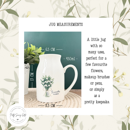 Personalised birth flower jug measurements showing 13cm height, 8cm width, 6cm opening and 450ml capacity.