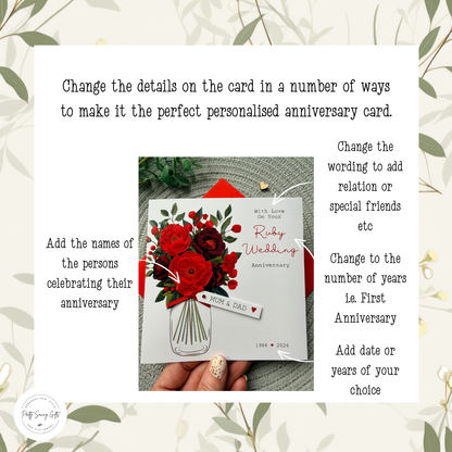 Personalised Anniversary Card, Handmade Ruby Floral Wedding Anniversary For Mum Dad Grandparents Friends, Any Years
