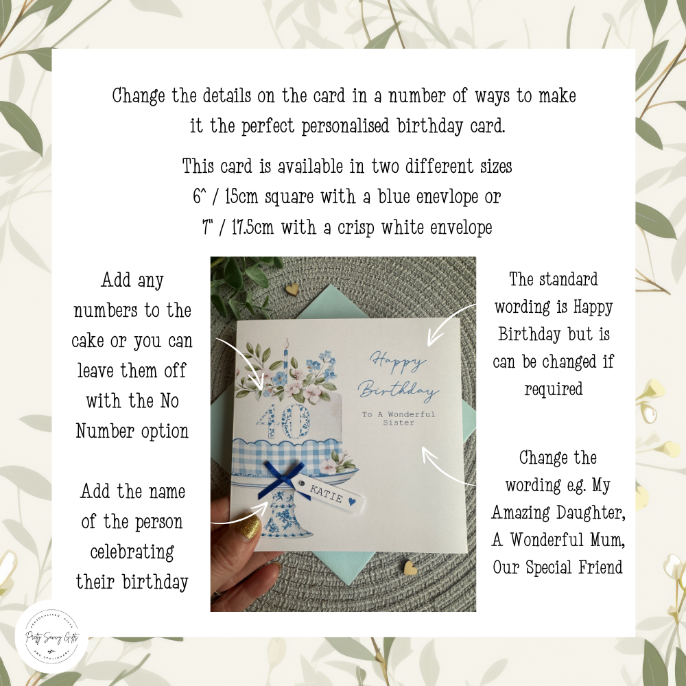 Personalised Milestone Happy Birthday Card; Blue Floral Cake With Mini Name Tag and Age