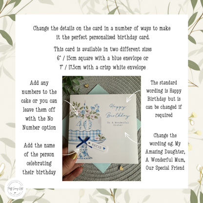 Personalised Milestone Happy Birthday Card; Blue Floral Cake With Mini Name Tag and Age