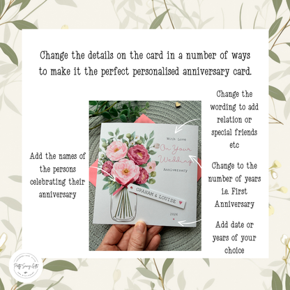 Personalised Handmade Anniversary Card – Pink Floral Bouquet with Custom Name Tag
