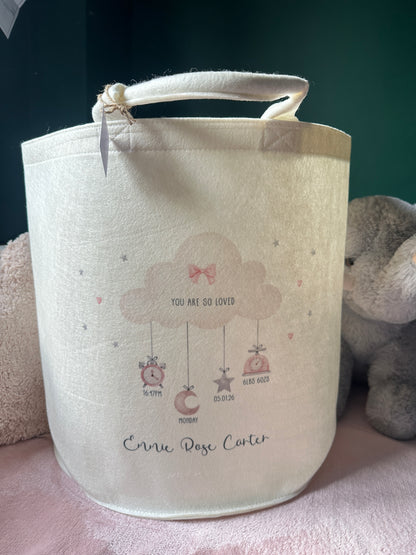 Personalised Toy Storage Basket with Cloud and Baby's Birth Details