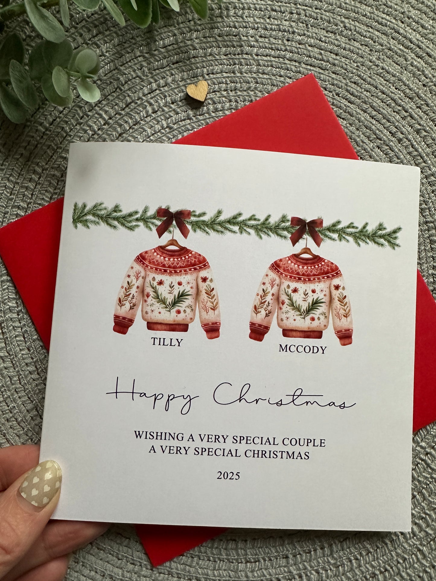 Personalised Family Christmas Card: Red Christmas Jumper Design, Custom Names and Family Name