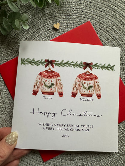 Personalised Family Christmas Card: Red Christmas Jumper Design, Custom Names and Family Name