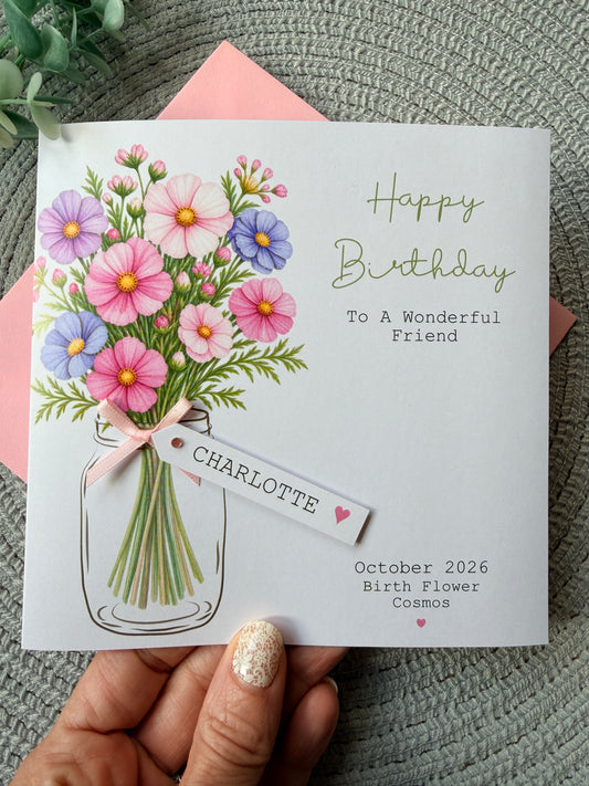Personalised October Birthday Flower Card - Pink and Purple Cosmos