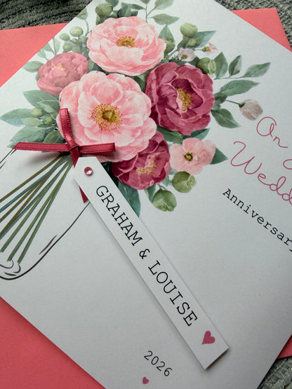 Personalised Handmade Anniversary Card – Pink Floral Bouquet with Custom Name Tag