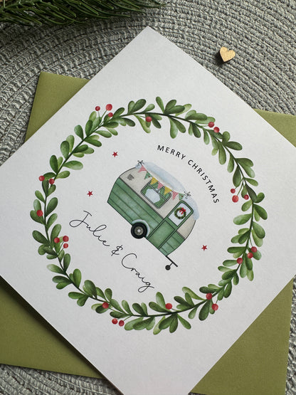 Personalised Caravan Christmas Decoration; Custom Ornament with Wreath
