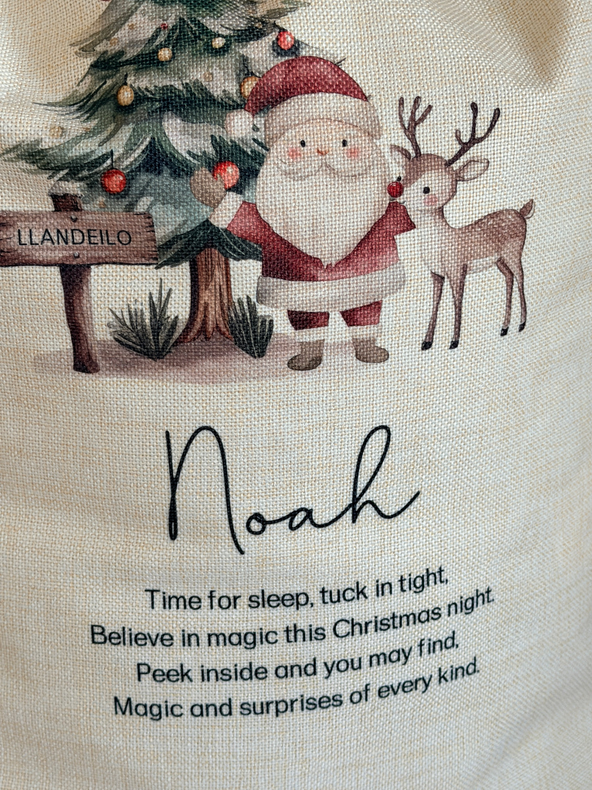 Personalised Christmas Sack or Basket with Child’s Name – Santa & Reindeer