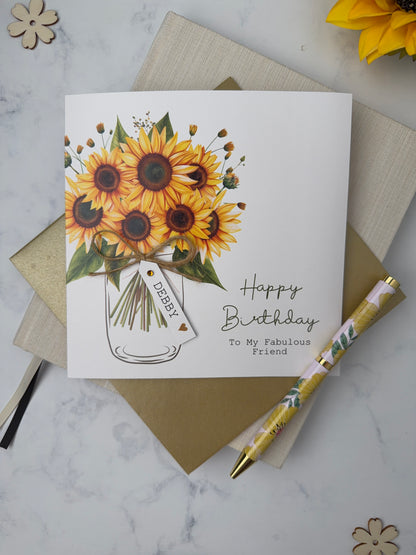 Personalised Sunflower Birthday Card - Card for Mum, Friend, Auntie, Wife, Daughter, Sister
