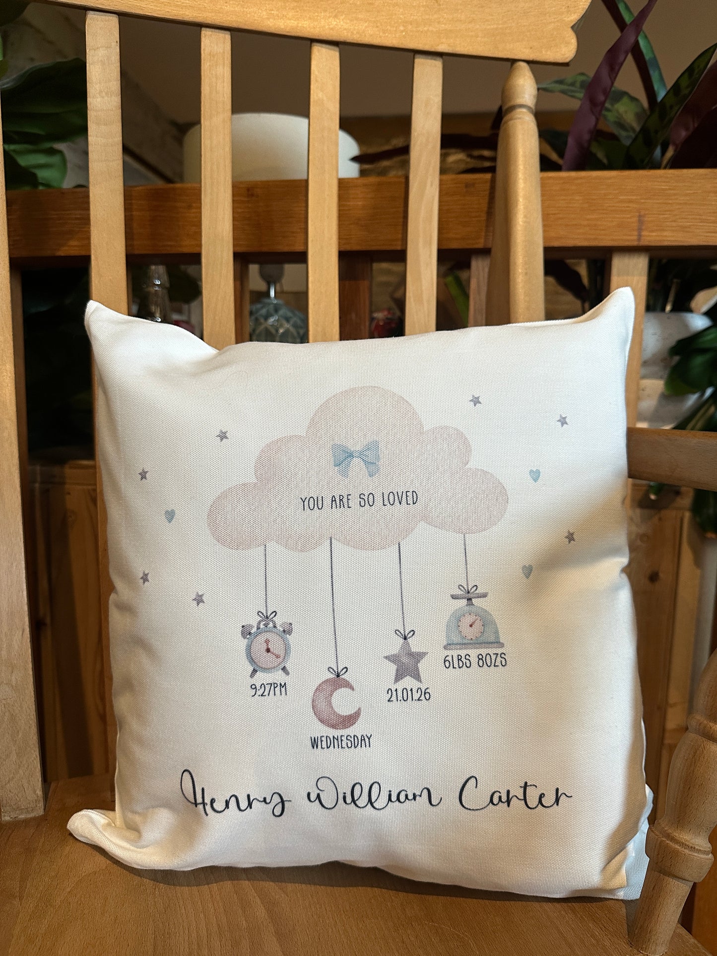 Personalised Cushion with Cloud and Baby's Birth Details