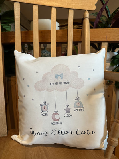 Personalised Cushion with Cloud and Baby's Birth Details