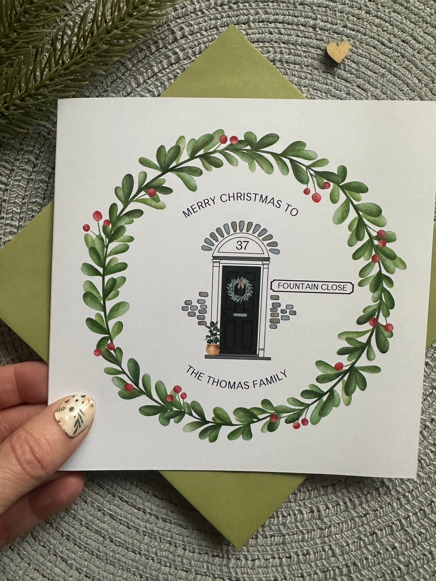 Personalised Christmas Tea Towel; Christmas Front Door with address details