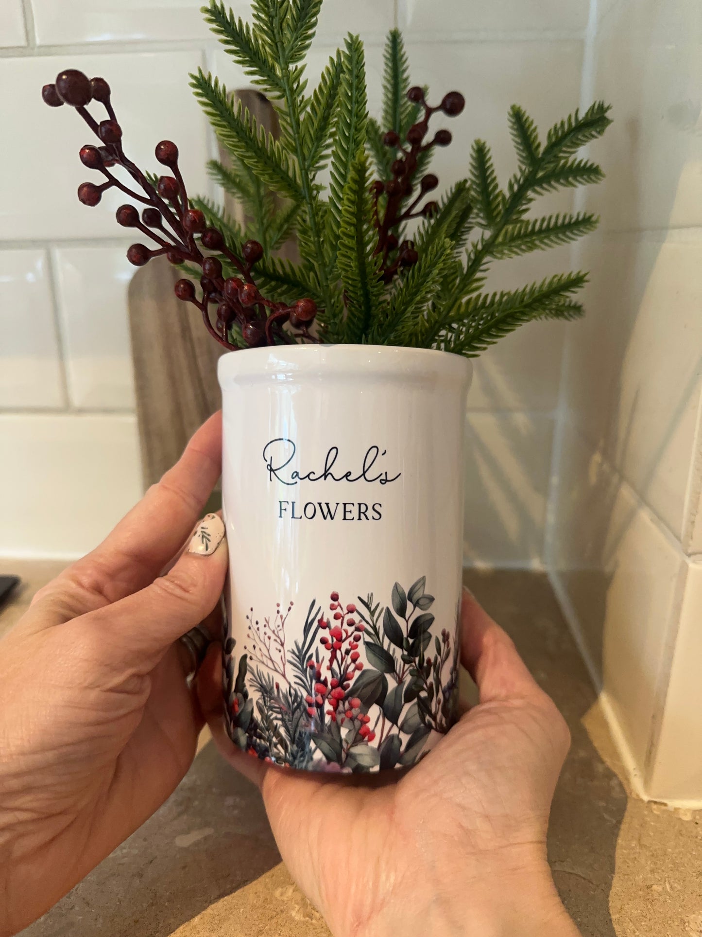 Personalised Ceramic Vase, Christmas Berry & Foliage Design, Custom Text Gift for Mum or Friend