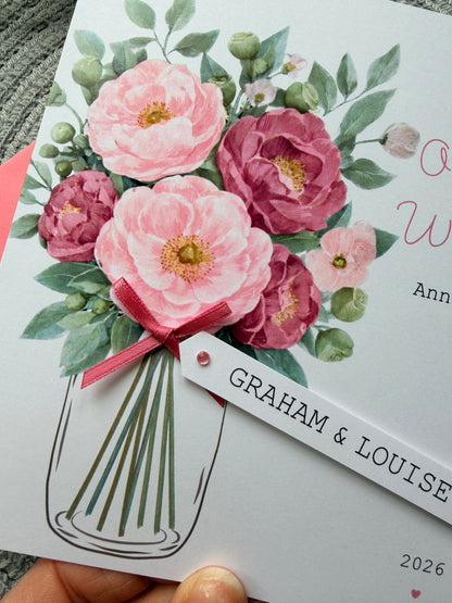 Personalised Handmade Anniversary Card – Pink Floral Bouquet with Custom Name Tag