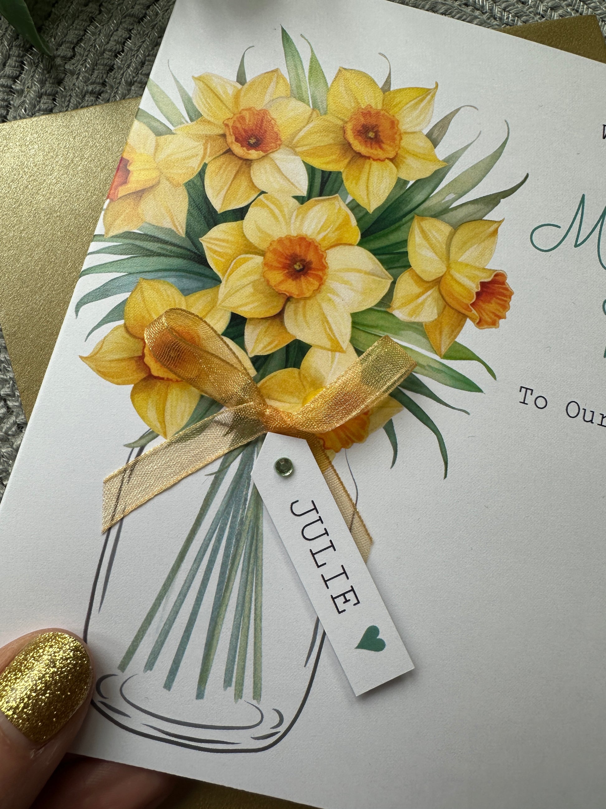 Mother's Day card with yellow daffodil flowers and a tag labelled with the name of your choice. For Mum, Mam, Mom, Mummy or whatever you like