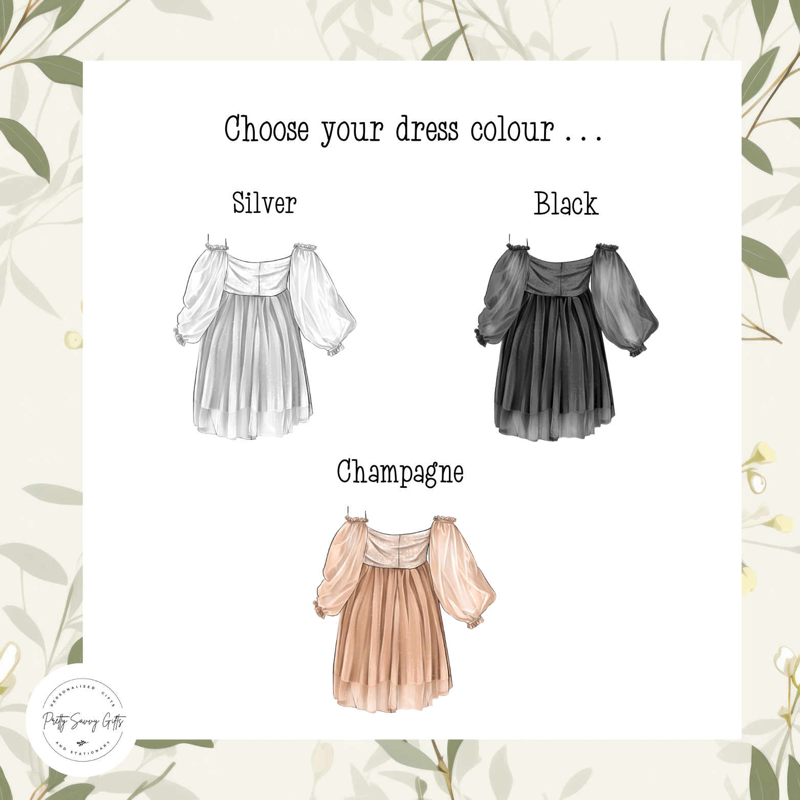 Dress colour selection for a birthday card with silver, black, and champagne options
