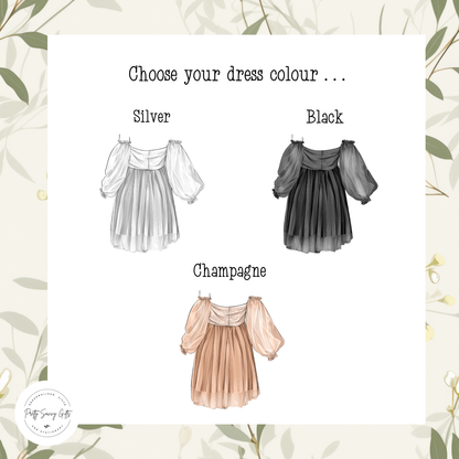Dress colour selection for a birthday card with silver, black, and champagne options