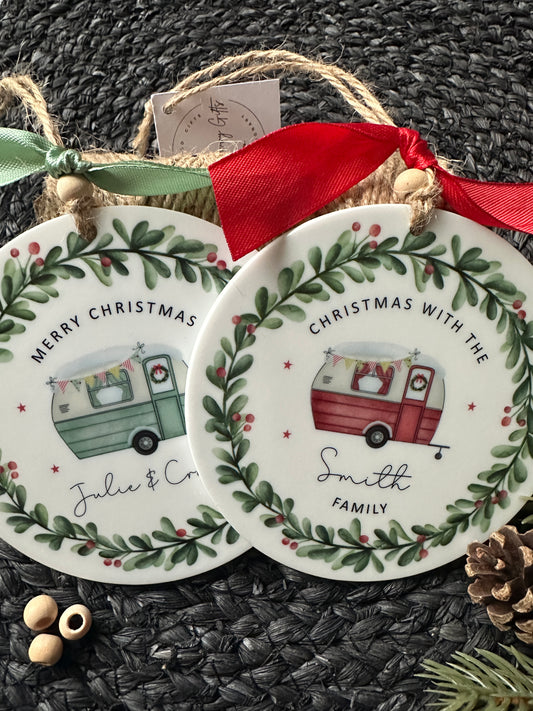 Personalised Caravan Christmas Decoration; Custom Ornament with Wreath