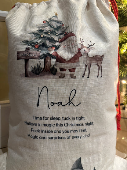 Personalised Christmas Stocking Santa and Reindeer with poem and place name