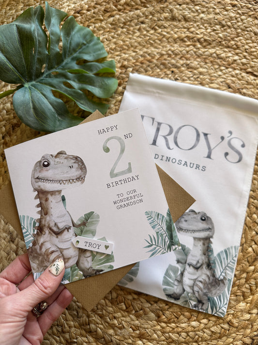 Personalised Boys Dinosaur Bag – Birthday Gift, Toy Bag, Optional Matching Card