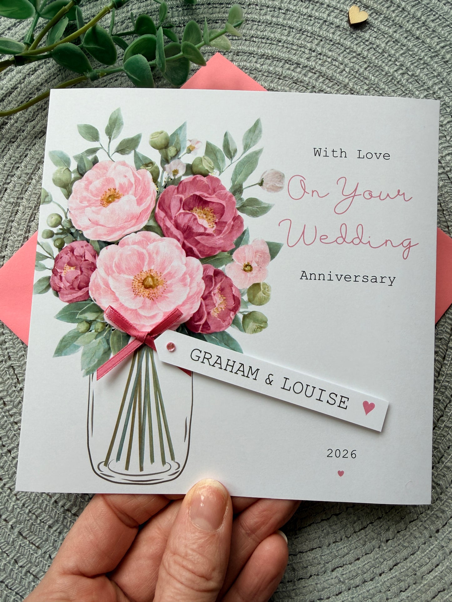 Personalised Handmade Anniversary Card – Pink Floral Bouquet with Custom Name Tag