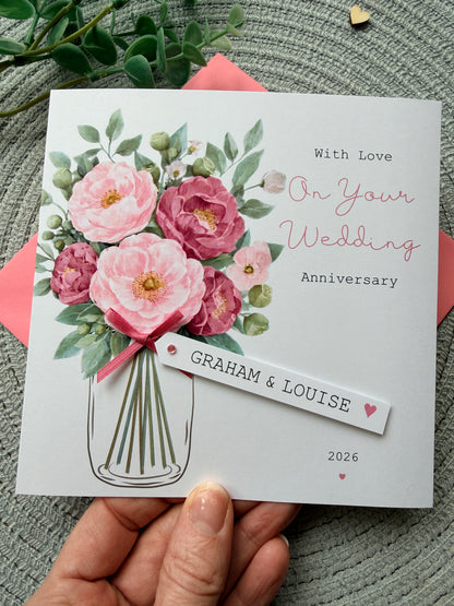 Personalised Handmade Anniversary Card – Pink Floral Bouquet with Custom Name Tag