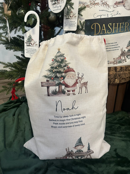 Personalised Christmas Stocking Santa and Reindeer with poem and place name
