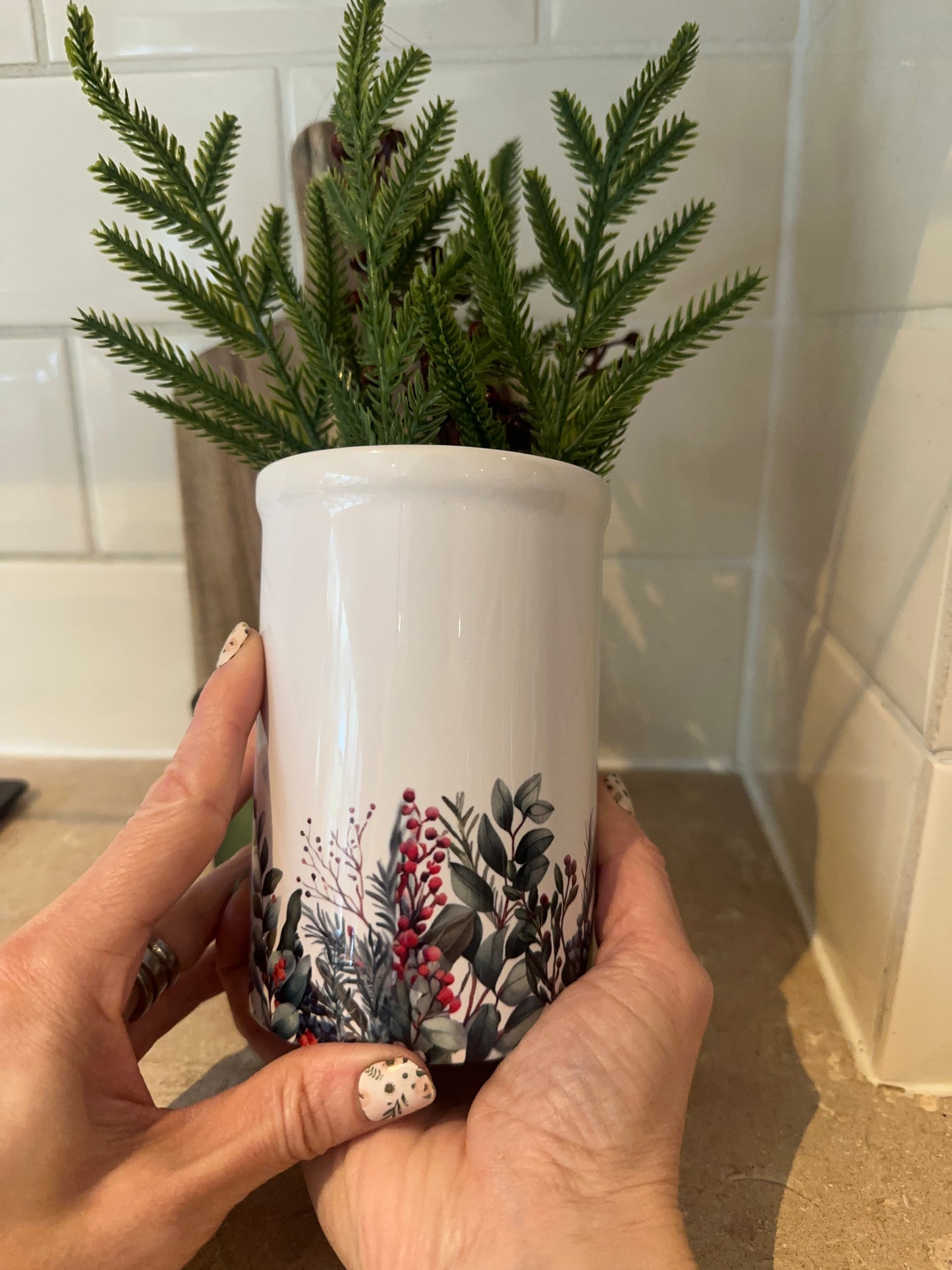 Personalised Ceramic Vase, Christmas Berry & Foliage Design, Custom Text Gift for Mum or Friend