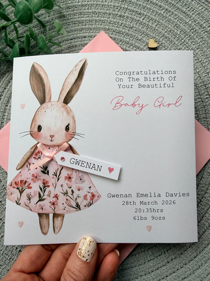 Personalised New Baby Girl Card, Floral Bunny Handmade Card with Custom Name Tag