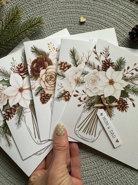 Personalised Christmas Card Pack of 5 – Floral & Pinecone Designs - Cream & Cocoa Collection
