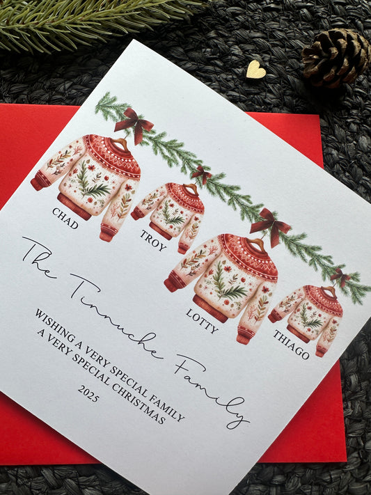 Personalised Family Christmas Card: Red Christmas Jumper Design, Custom Names and Family Name