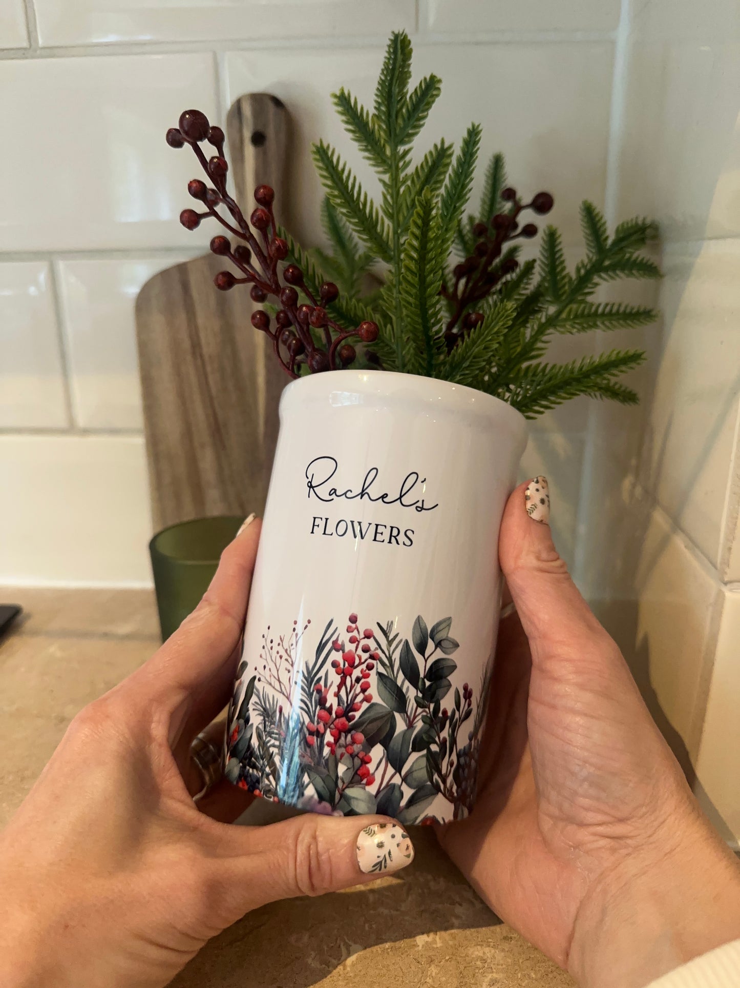 Personalised Ceramic Vase, Christmas Berry & Foliage Design, Custom Text Gift for Mum or Friend
