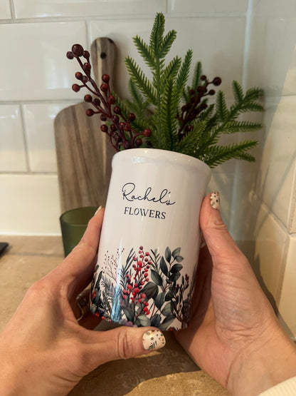 Personalised Ceramic Vase, Christmas Berry & Foliage Design, Custom Text Gift for Mum or Friend
