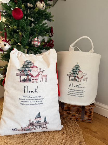 Personalised Christmas Sack or Basket with Child’s Name – Santa & Reindeer