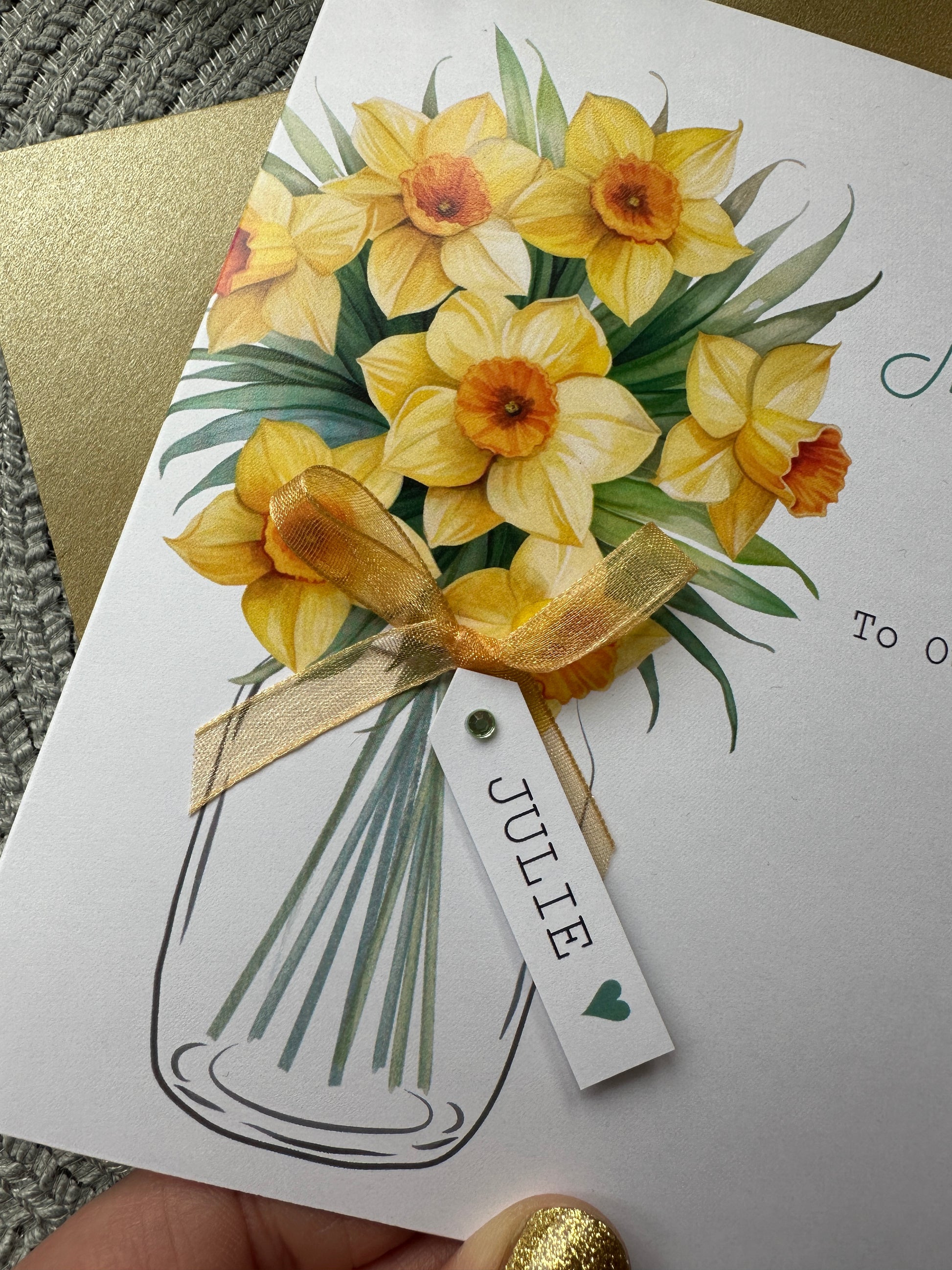 Greeting card with yellow daffodil flowers perfect for Mother's Day