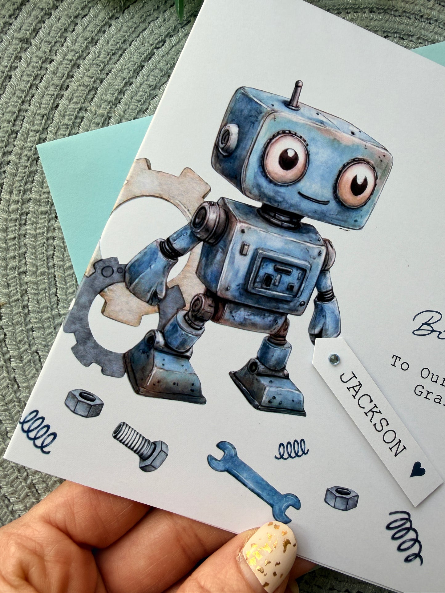 Personalised Robot Birthday Card,  Any Age Children's Card for Son, Grandson, Friend, Nephew etc with Custom Name Tag