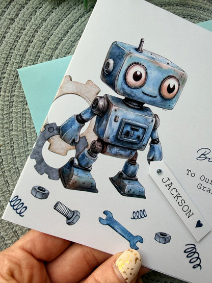 Personalised Robot Birthday Card,  Any Age Children's Card for Son, Grandson, Friend, Nephew etc with Custom Name Tag
