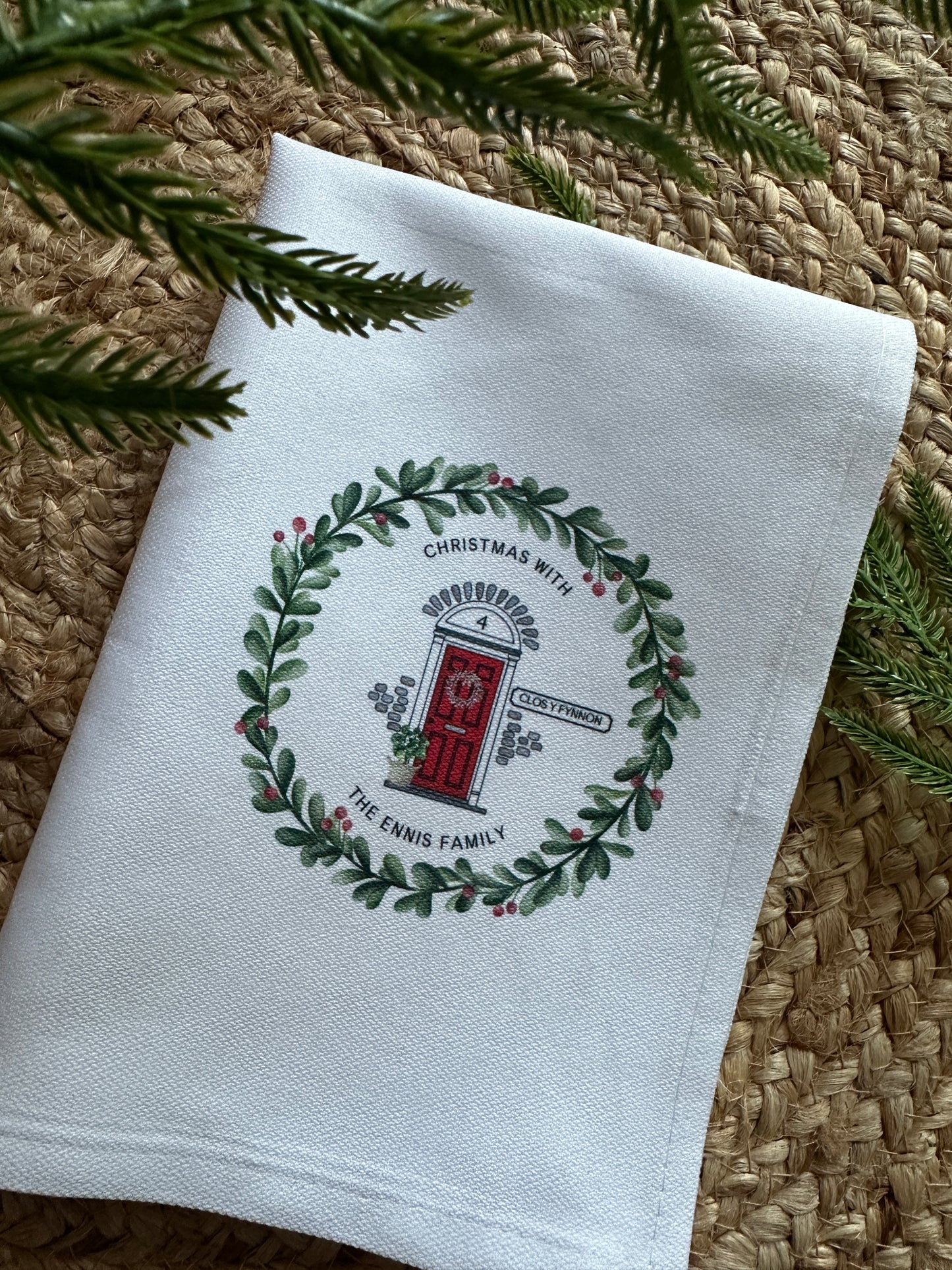 Personalised Christmas Tea Towel; Christmas Front Door with address details