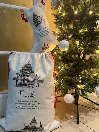 Personalised Christmas Stocking Santa and Reindeer with poem and place name