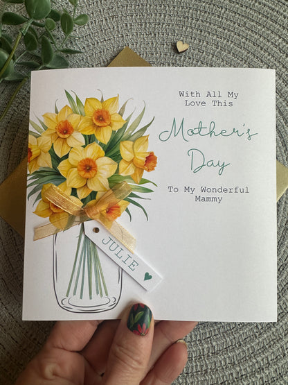 Personalised Mothers Day Vase with Daffodil Design and Optional Card