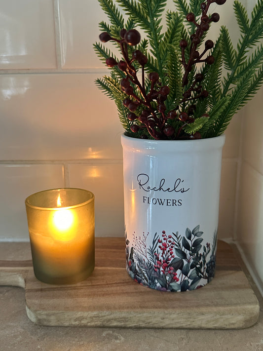 Personalised Ceramic Vase, Christmas Berry & Foliage Design, Custom Text Gift for Mum or Friend