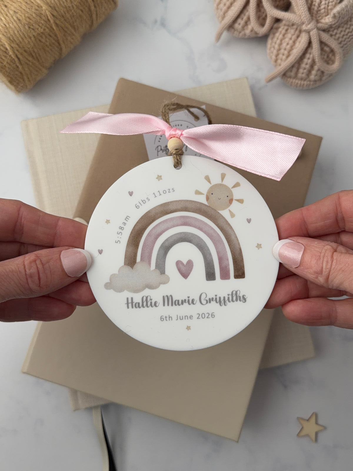 Personalised Handmade New Baby Keepsake | Rainbow Theme | Decoration | English or Welsh | Hanging Gift | Matching Card