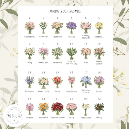 A picture of the 24 flower designs available for the Accessory bag.