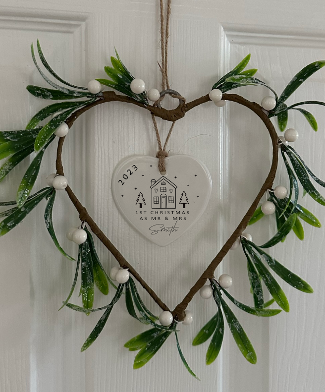 Personalised First Christmas as Mr and Mrs Decoration | Christmas Gift | Wedding Gift | Mistletoe Hanging Gift with Ceramic Heart | English or Welsh | Nadolig Cyntaf