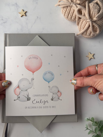 Personalised Handmade Big Sister Little Sister Big Brother Little Brother Congratulations Card English or Welsh