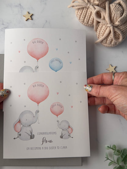 Personalised Handmade Big Sister Little Sister Big Brother Little Brother Congratulations Card English or Welsh