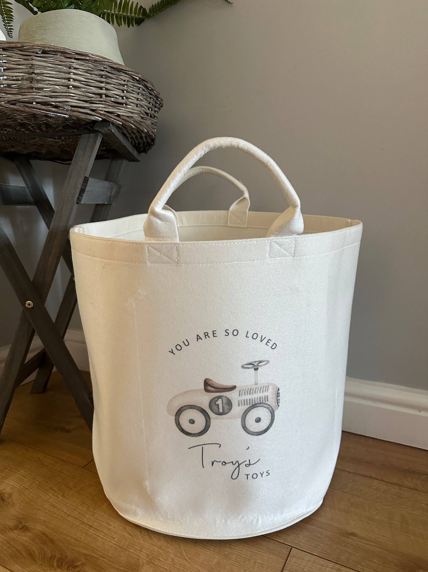 Personalised Toy Storage Basket - Wooden Toys, Vintage Toy Themed, Neutral Decor